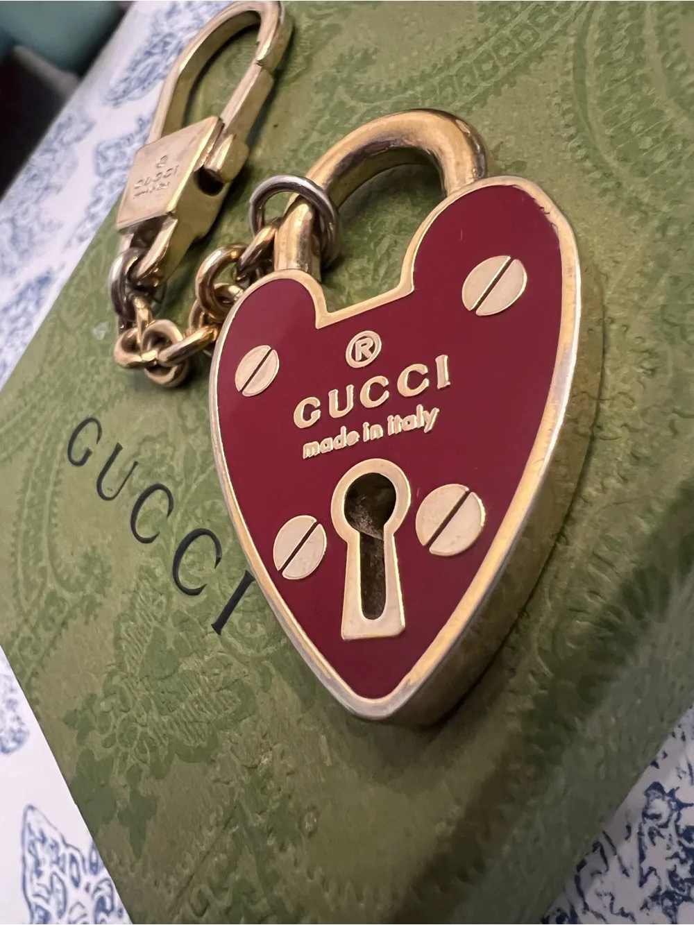 100% Authentic Gucci Red Enamel Heart Padlock Keychain / Bag Charm